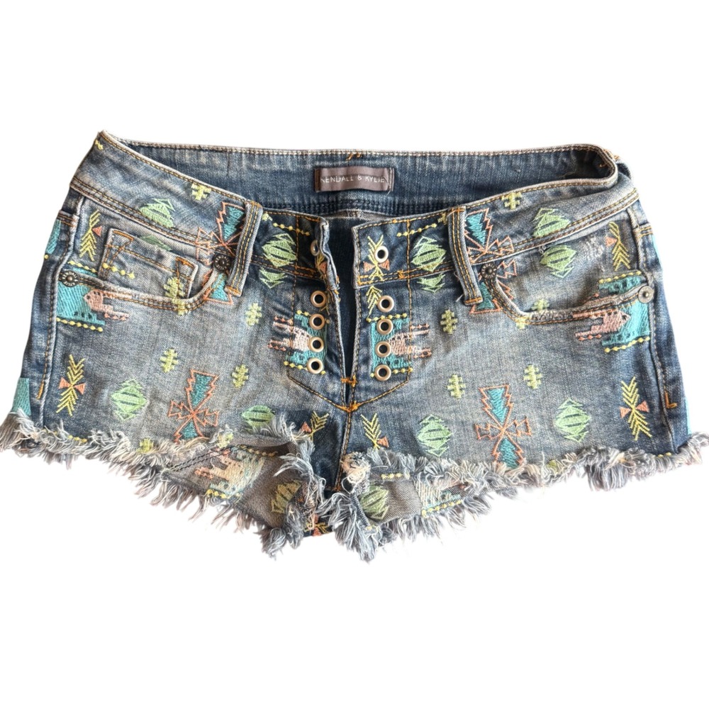 Kendall & Kylie Boho Low Rise Y2K Tribal Shorts Women 0 Blue Lace Up Cut Offs